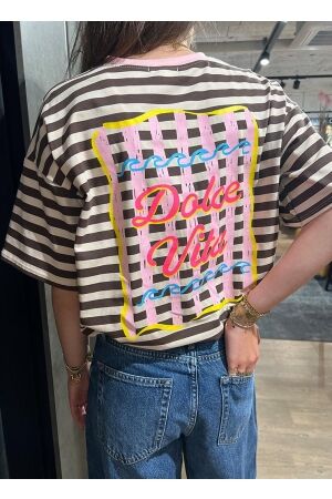 Rammani Rammani top print/streep r62313 T-shirt Korte mouw beige