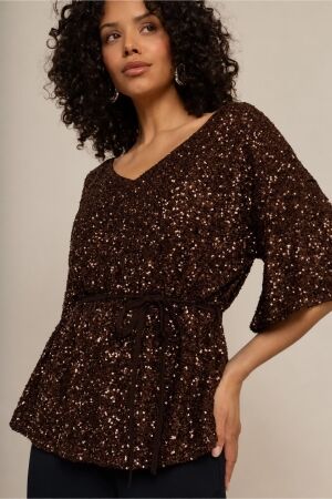 Studio Anneloes Studio Anneloes vajen sequin top 14472 T-shirt Korte mouw 8700 espresso