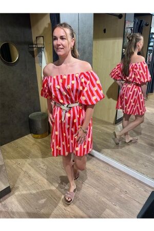 Rammani Rammani jurk schelp streep 41866 Jurk rood/roze