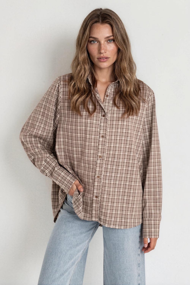 Turquoise by DAAN Blouse ruit schoudervulling GG-1512 Bruin