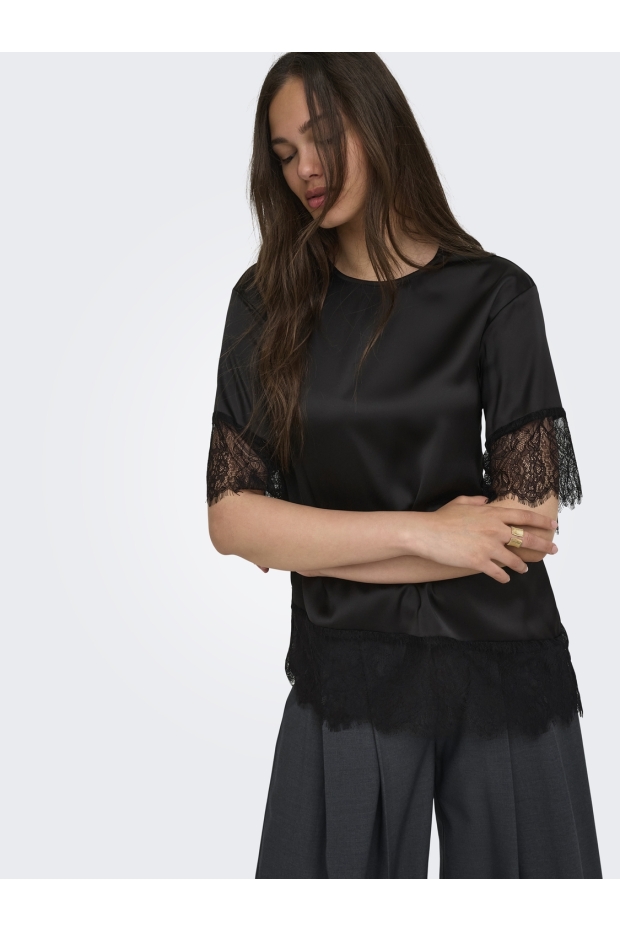 Only ONLINDONA 2/4 SATIN LACE TOP WVN 15380711 Black