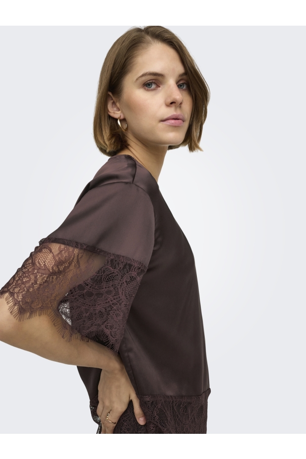 Only ONLINDONA 2/4 SATIN LACE TOP WVN 15380711 Chocolate Torte