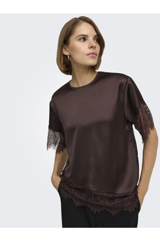 Only ONLINDONA 2/4 SATIN LACE TOP WVN 15380711 Chocolate Torte